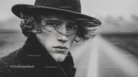 Black and White Portrait of Stylish Male Model Wearing Fedora Hat