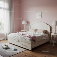 Pink Bedroom with White Bed and Wooden Flooring in Cozy Interior
