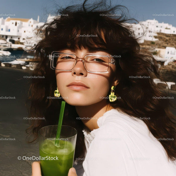 Stylish Woman in Glasses Holding Green Cocktail at Seaside Coast