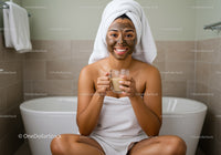 Young Woman Enjoying Relaxing Face Mask and Herbal Tea in Bathtub