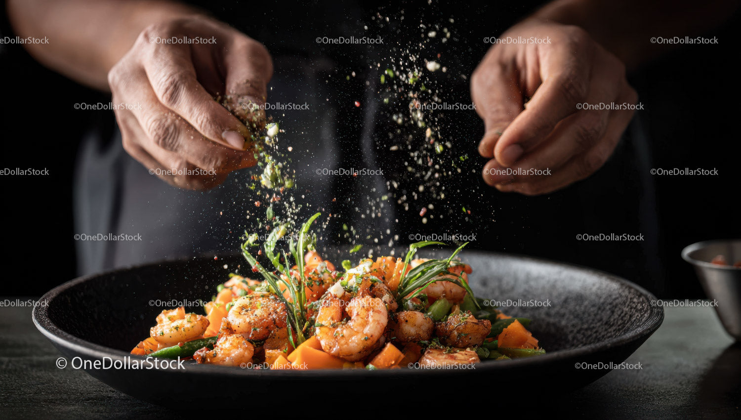 Gourmet Prawns Seasoning in a Black Bowl for Fine Dining