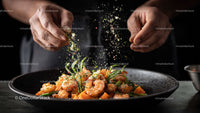 Gourmet Prawns Seasoning in a Black Bowl for Fine Dining