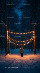 Child Exploring Winter Forest with Warm String Lights