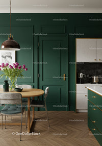 Modern Green Kitchen Wall with Wooden Dining Table and Floral Decor