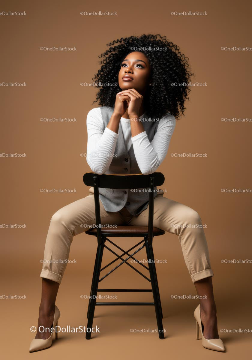 Elegant woman with curly hair in beige trousers and high heels