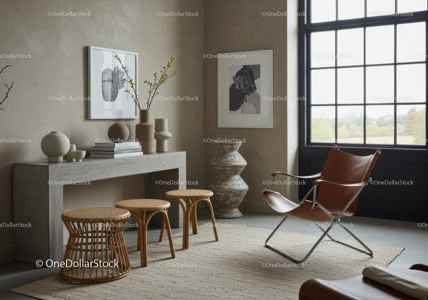 Minimalist living room with leather chair and natural decor