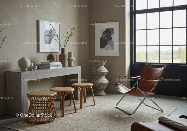 Minimalist living room with leather chair and natural decor