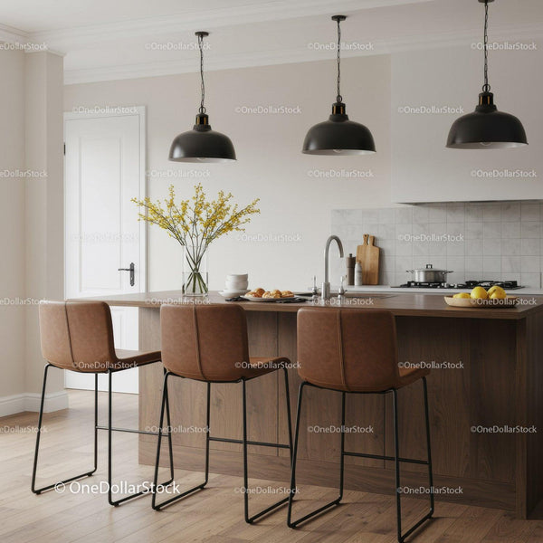 Modern Kitchen with Leather Bar Stools and Pendant Lighting