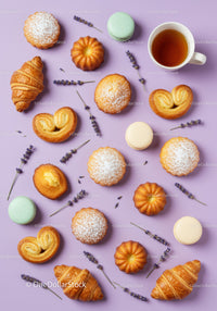 Assorted French pastries and tea with lavender on pastel background