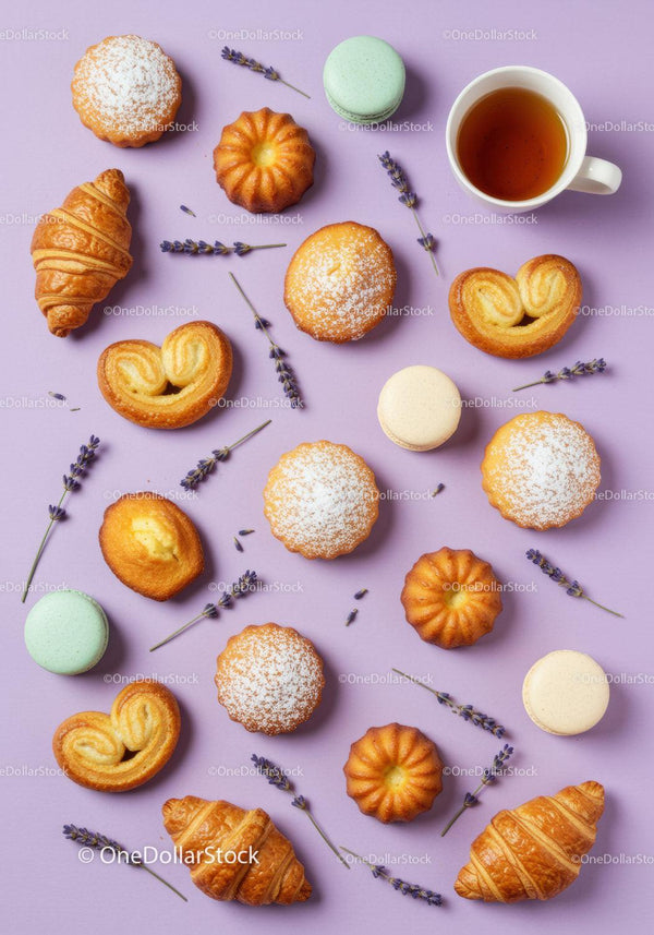 Assorted French pastries and tea with lavender on pastel background