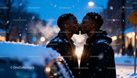 Couple Sharing a Tender Kiss on a Snowy Winter Evening