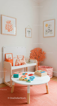 Colorful Children's Playroom with Coral Sculpture and Educational Toys