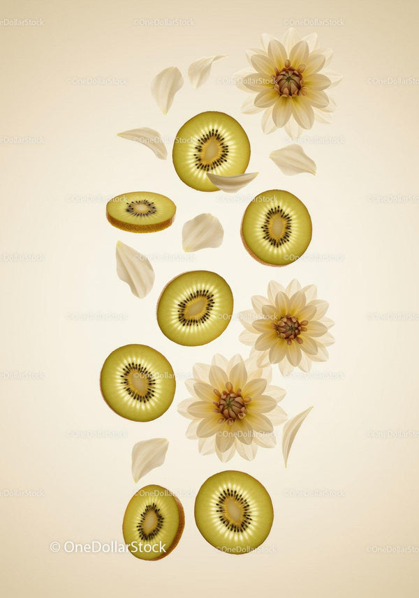 Fresh kiwi slices and delicate cream flowers arrangement