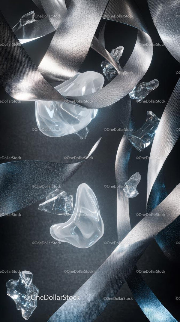 Elegant Silver and Glass Abstract Art with Metallic Ribbons and Crystals