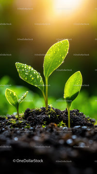 Fresh Green Seedling with Dew Drops in Natural Soil Landscape