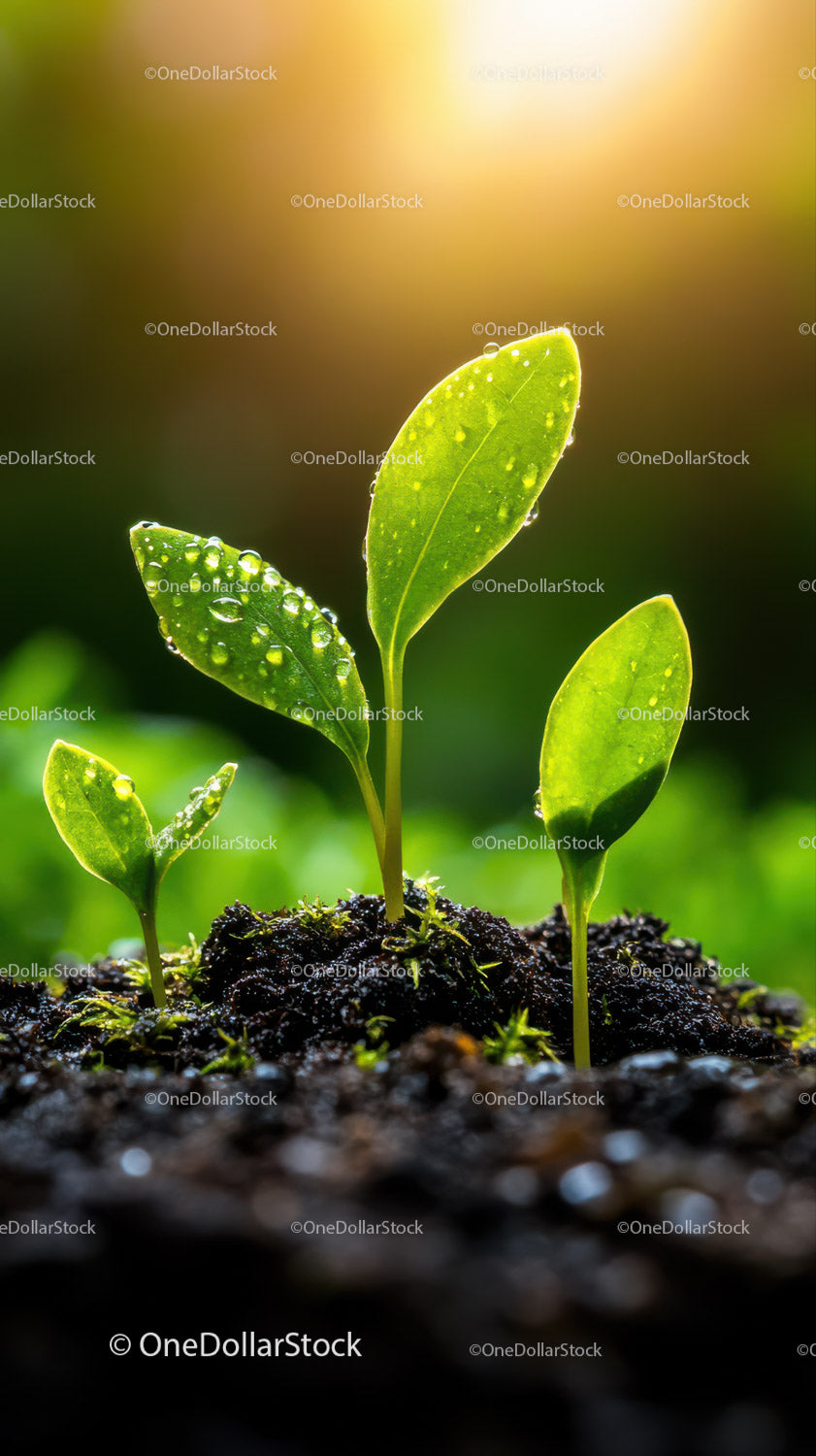 Fresh Green Seedling with Dew Drops in Natural Soil Landscape