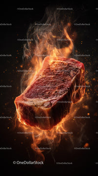 Juicy Steak on Fire with Flames and Smoke in a Dramatic Style