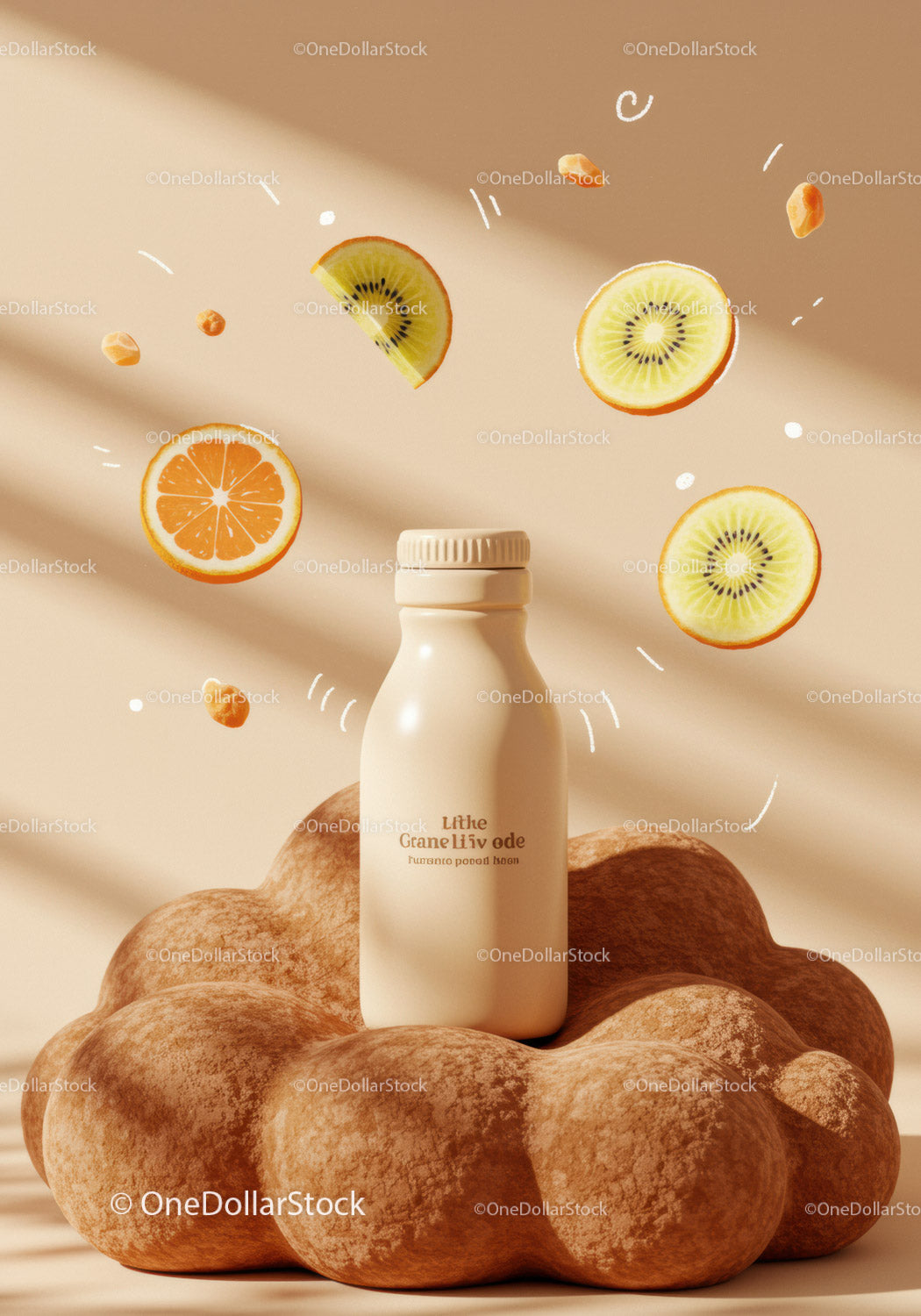 Natural Smoothie Bottle on Textured Surface with Fruit Slices