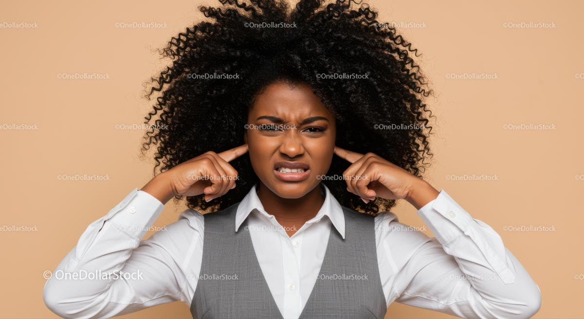Frustrated Woman Covering Ears with Annoyed Expression
