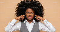 Frustrated Woman Covering Ears with Annoyed Expression