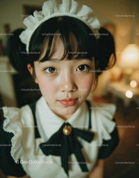 Young Girl in Cute Maid Costume with Playful Expression Indoor