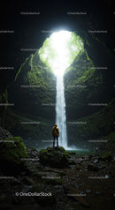Mysterious Waterfall in Enchanted Cave Surrounded by Lush Forest