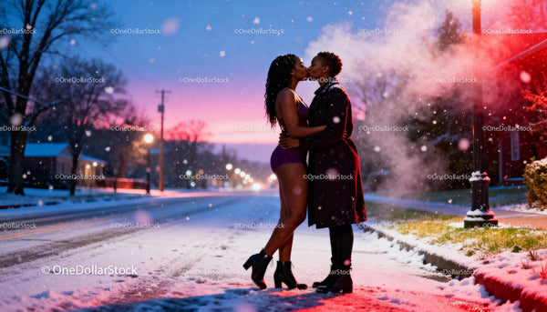 Winter Evening Kiss Between Two Women in Snowy Street