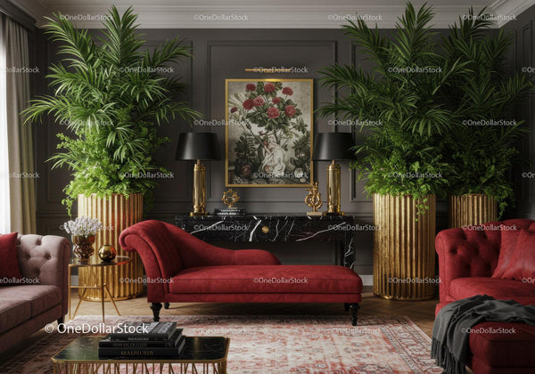 Elegant living room with velvet red chaise lounge and greenery