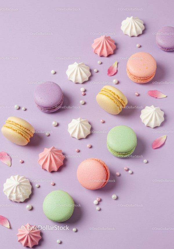 Colorful macarons and meringue kisses on pastel background