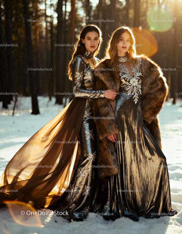 Two elegant women in glamorous dresses in snowy forest