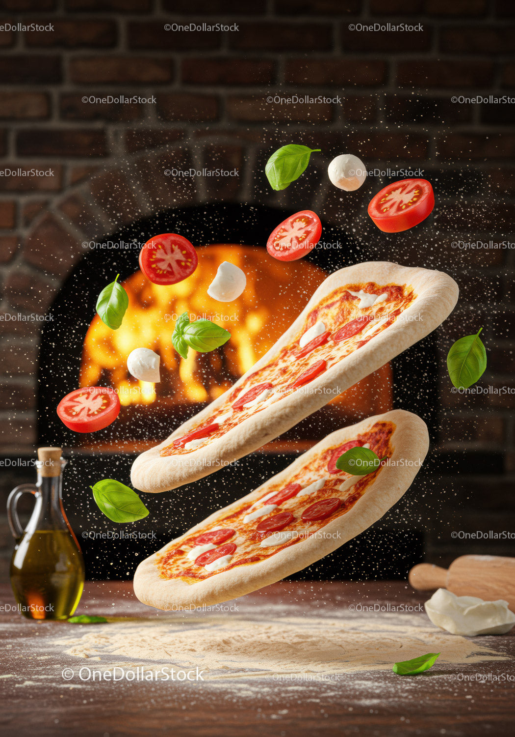 Freshly Baked Pepperoni Pizza with Basil and Mozzarella