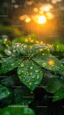 Macro of Water Droplets on Green Leaves with Sunrise Glow