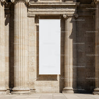 Blank white banner hanging on classical stone columns