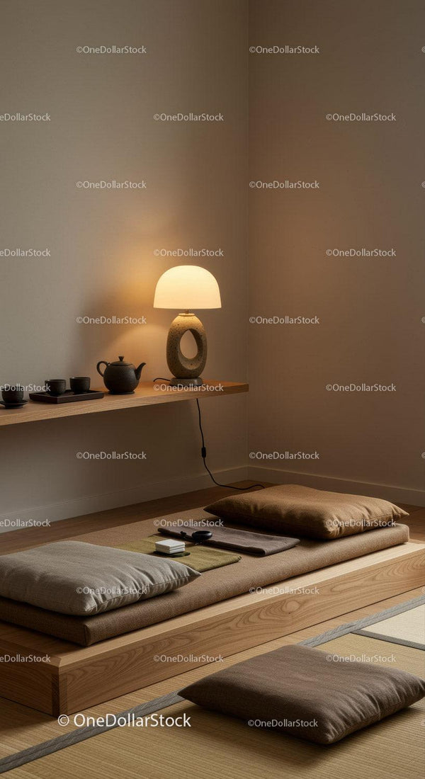 Minimalist Japanese-style tea corner with soft lighting