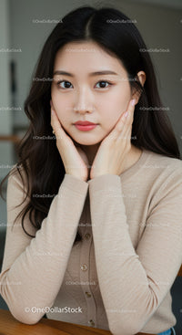 Elegant Portrait of a Young Asian Woman with Long Hair and Natural Makeup