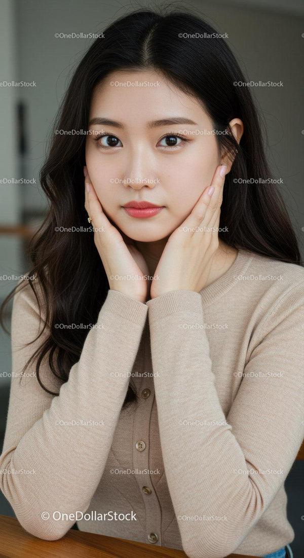 Elegant Portrait of a Young Asian Woman with Long Hair and Natural Makeup