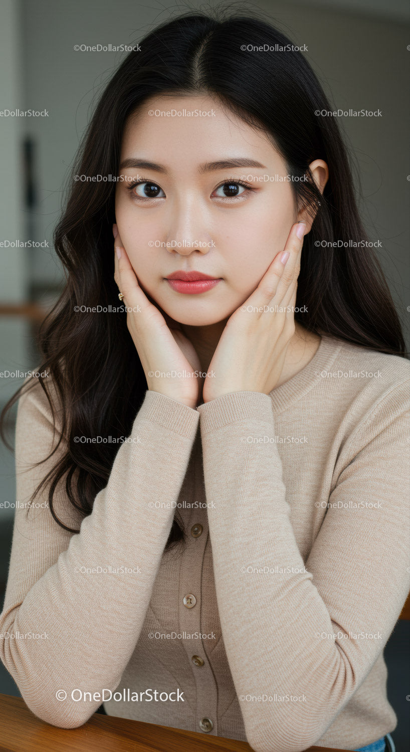 Elegant Portrait of a Young Asian Woman with Long Hair and Natural Makeup