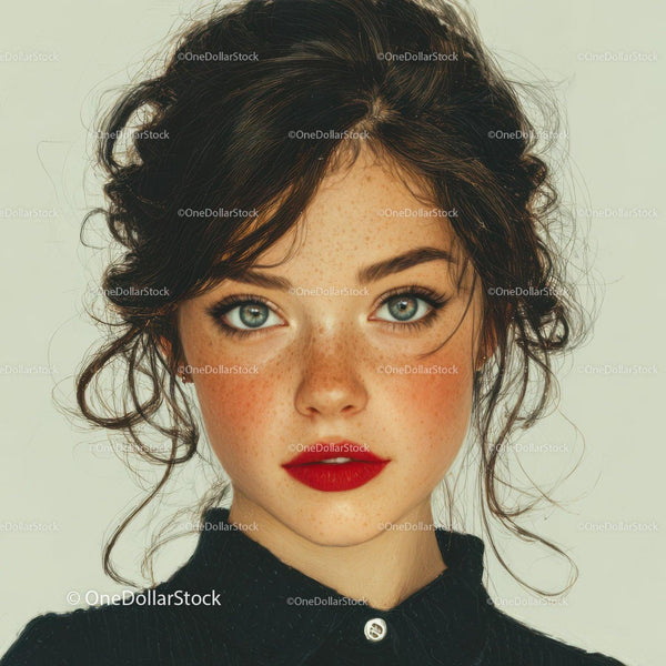 Close-Up of Young Woman with Blue Eyes and Curly Dark Hair