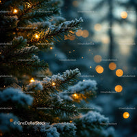 Snow-covered pine branches with warm festive lights
