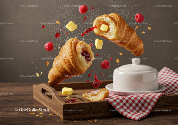 Flying croissants with butter raspberry jam splash