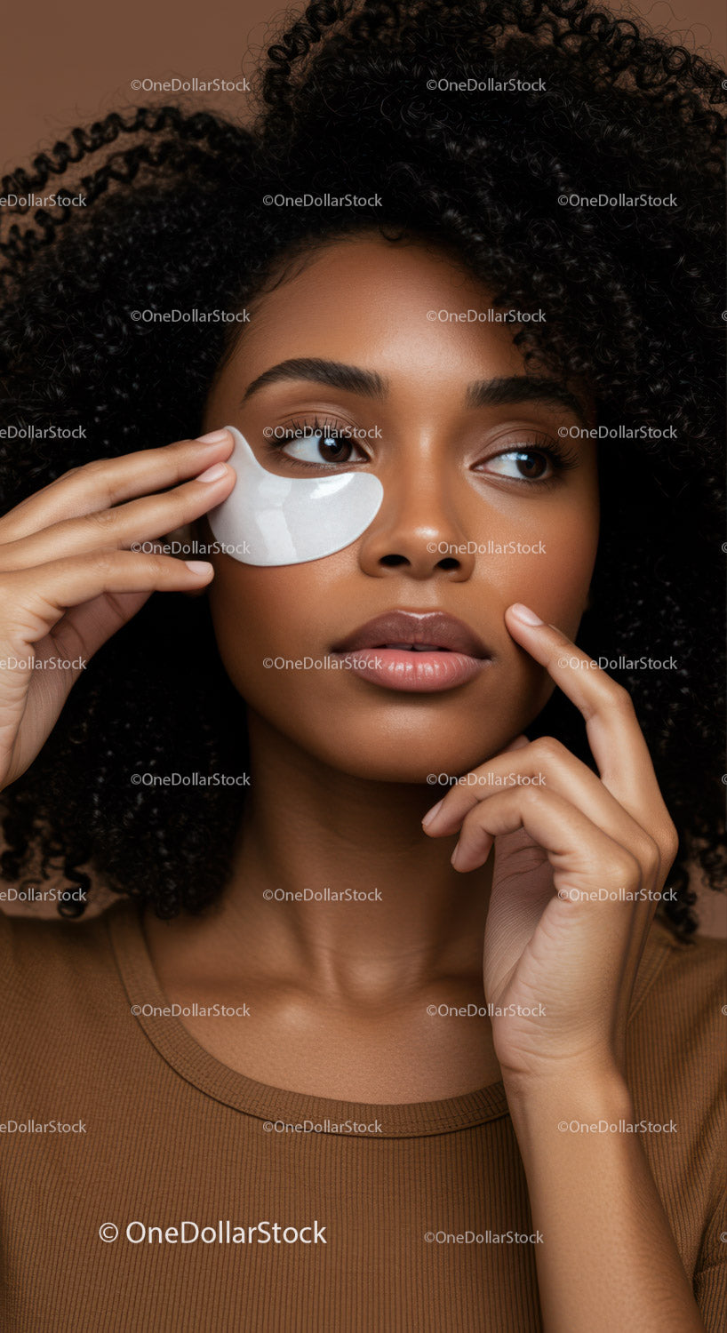 Elegant Woman Applying Under Eye Collagen Mask for Skin Care
