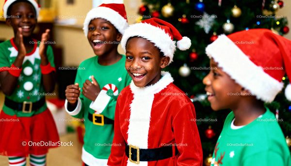 Joyful children dressed in colorful Christmas costumes