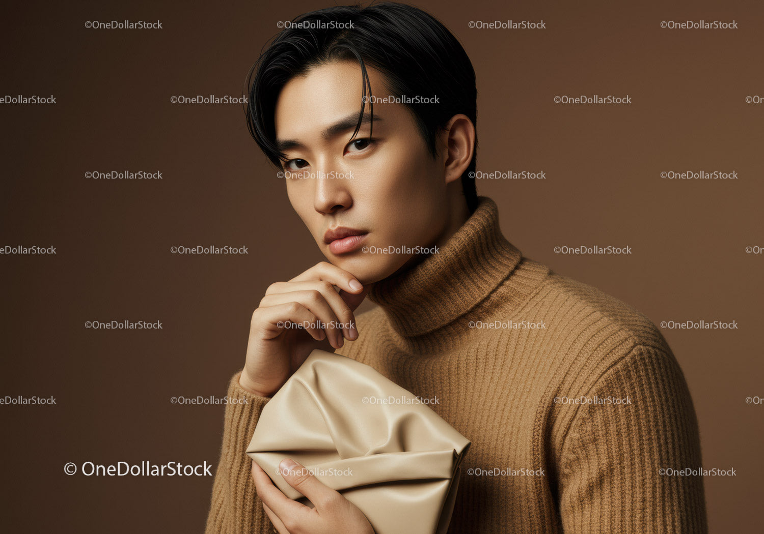 Elegant Male Model in Beige Turtleneck With Sophisticated Expression