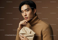 Elegant Male Model in Beige Turtleneck With Sophisticated Expression
