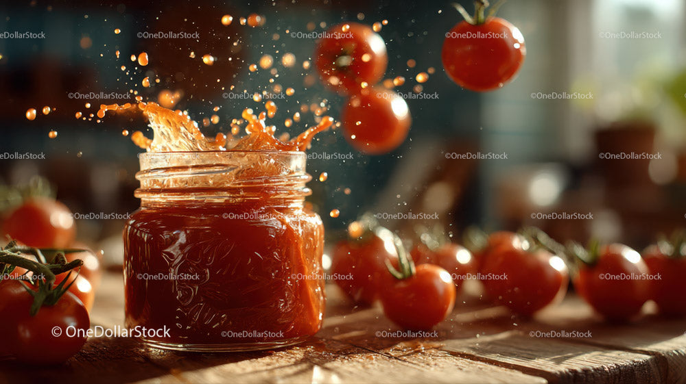 Vibrant Tomato Sauce Splash with Fresh Tomatoes in Background