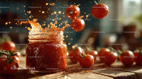 Vibrant Tomato Sauce Splash with Fresh Tomatoes in Background