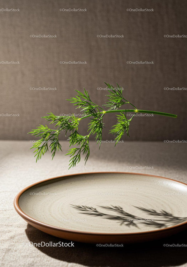 Fresh dill herb casting shadow on empty beige plate