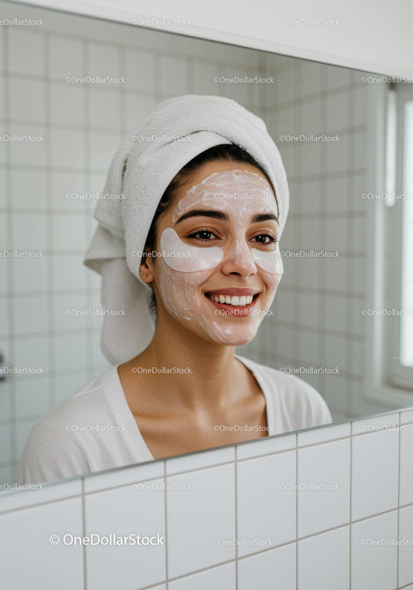 Smiling woman with facial mask and eye patches in bathroom