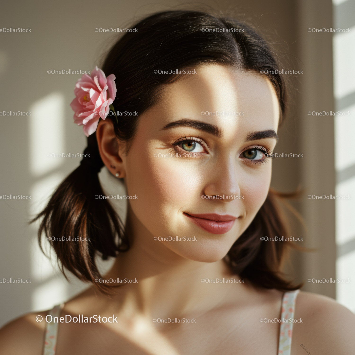 Bright Young Woman with Flowers and glowing Skin in Natural Light