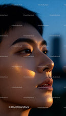Close-up of thoughtful young man in golden hour light